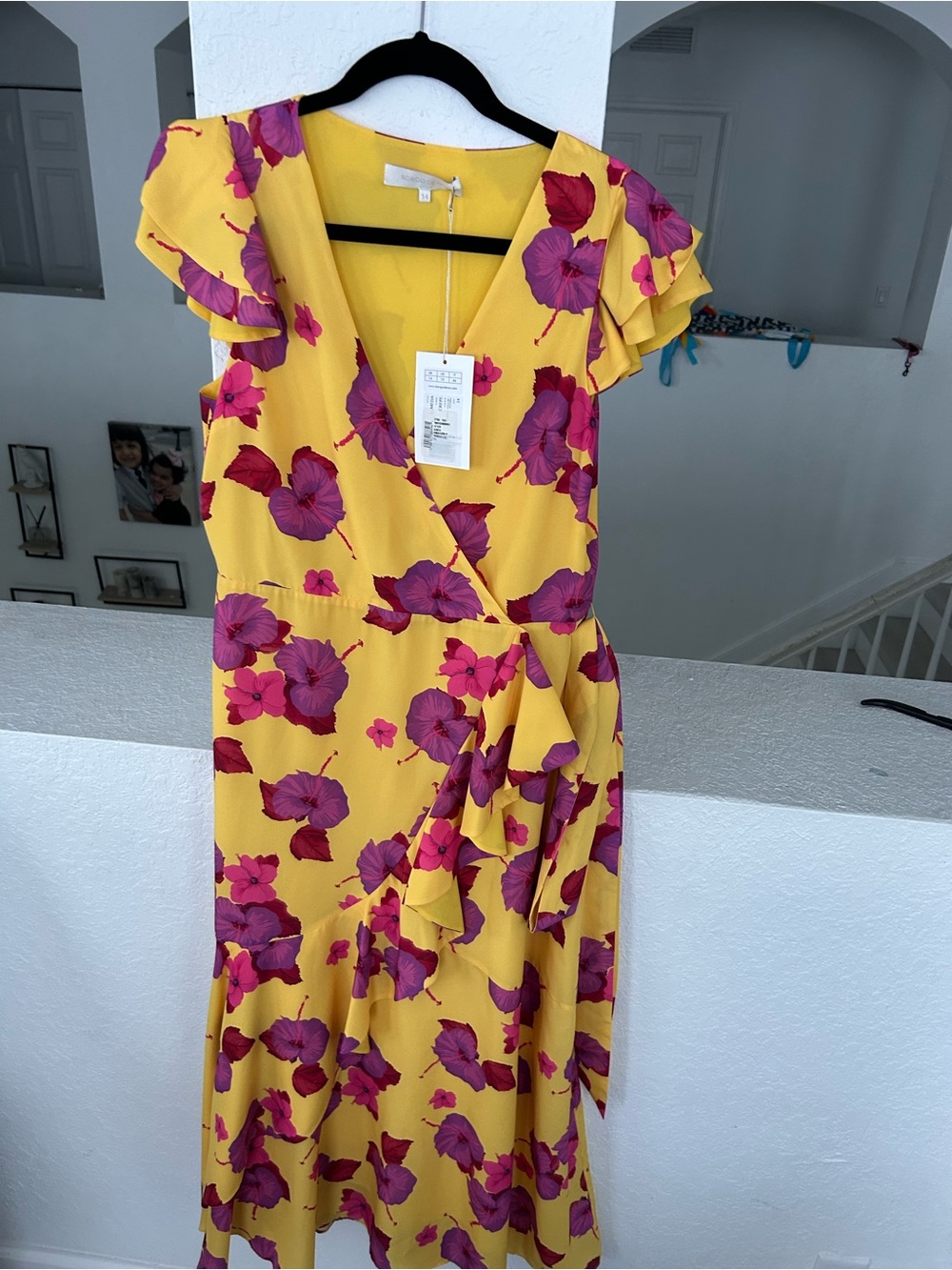 Borgo De Nor Yellow Midi Wrap Dress with Pink & Purple Floral Print